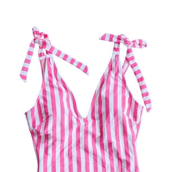 J crew One Piece Swimsuit Wild Berry Pink Striped Tie Shoulder sz M NWT - Picture 7 of 12